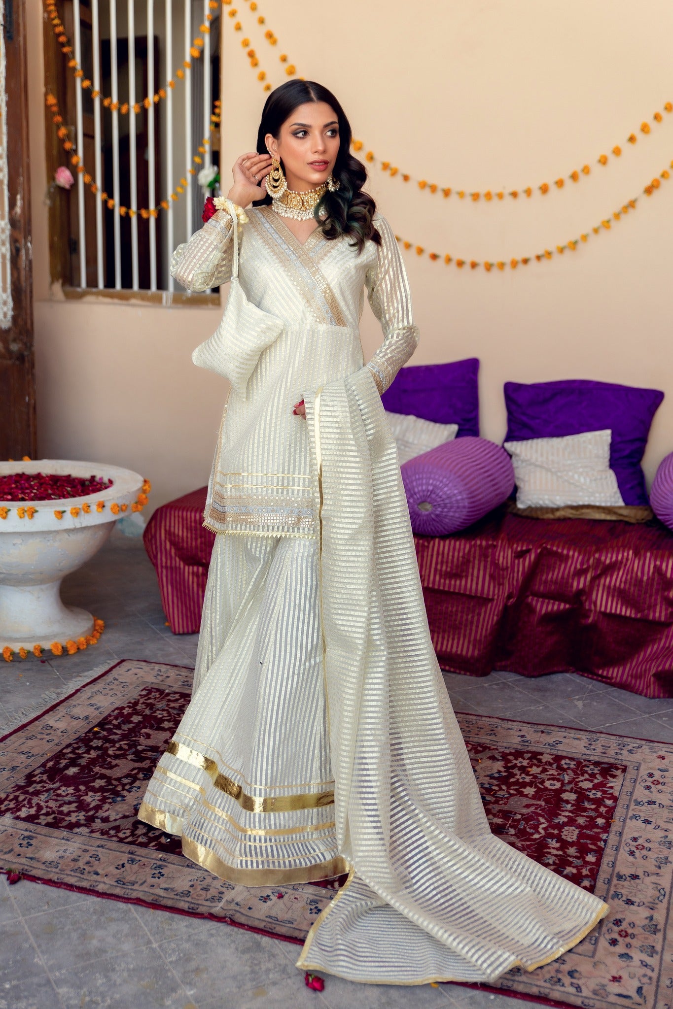 White Tilla Embroidered Organza Gharara Set (3-Piece) - Image 1