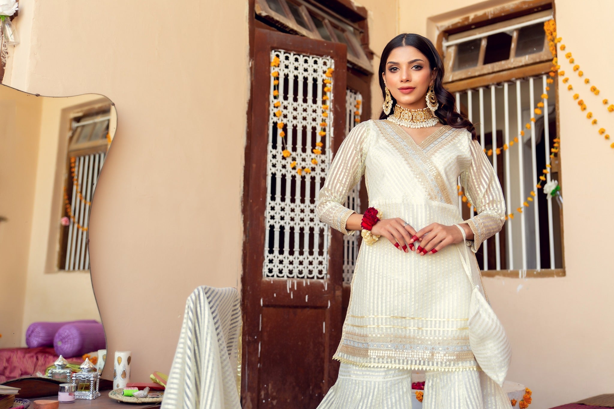 White Tilla Embroidered Organza Gharara Set (3-Piece) - Image 5