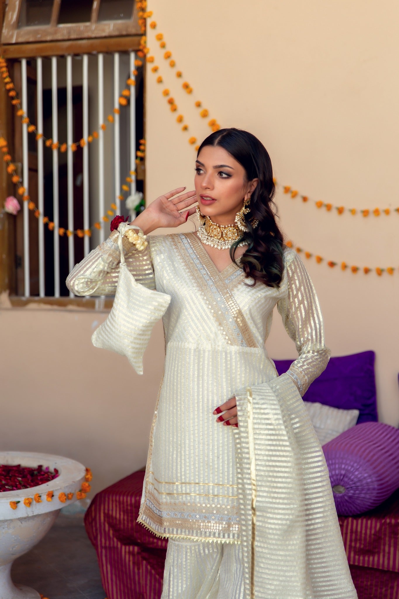 White Tilla Embroidered Organza Gharara Set (3-Piece) - Image 6