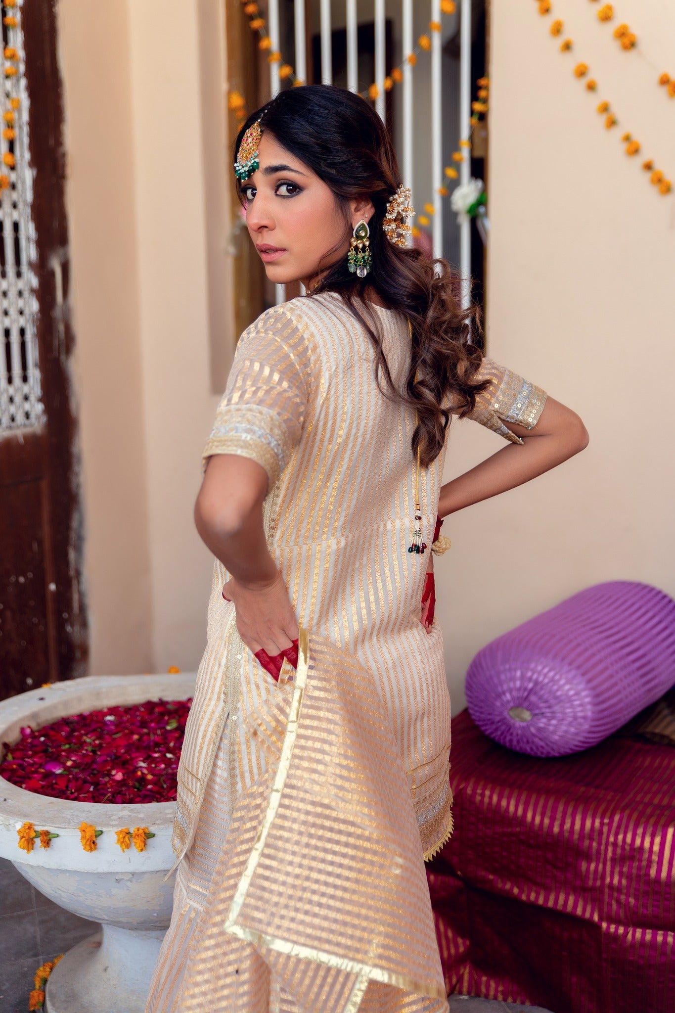 White Tilla Sequin Organza Gharara Set (3-Piece) - Image 3