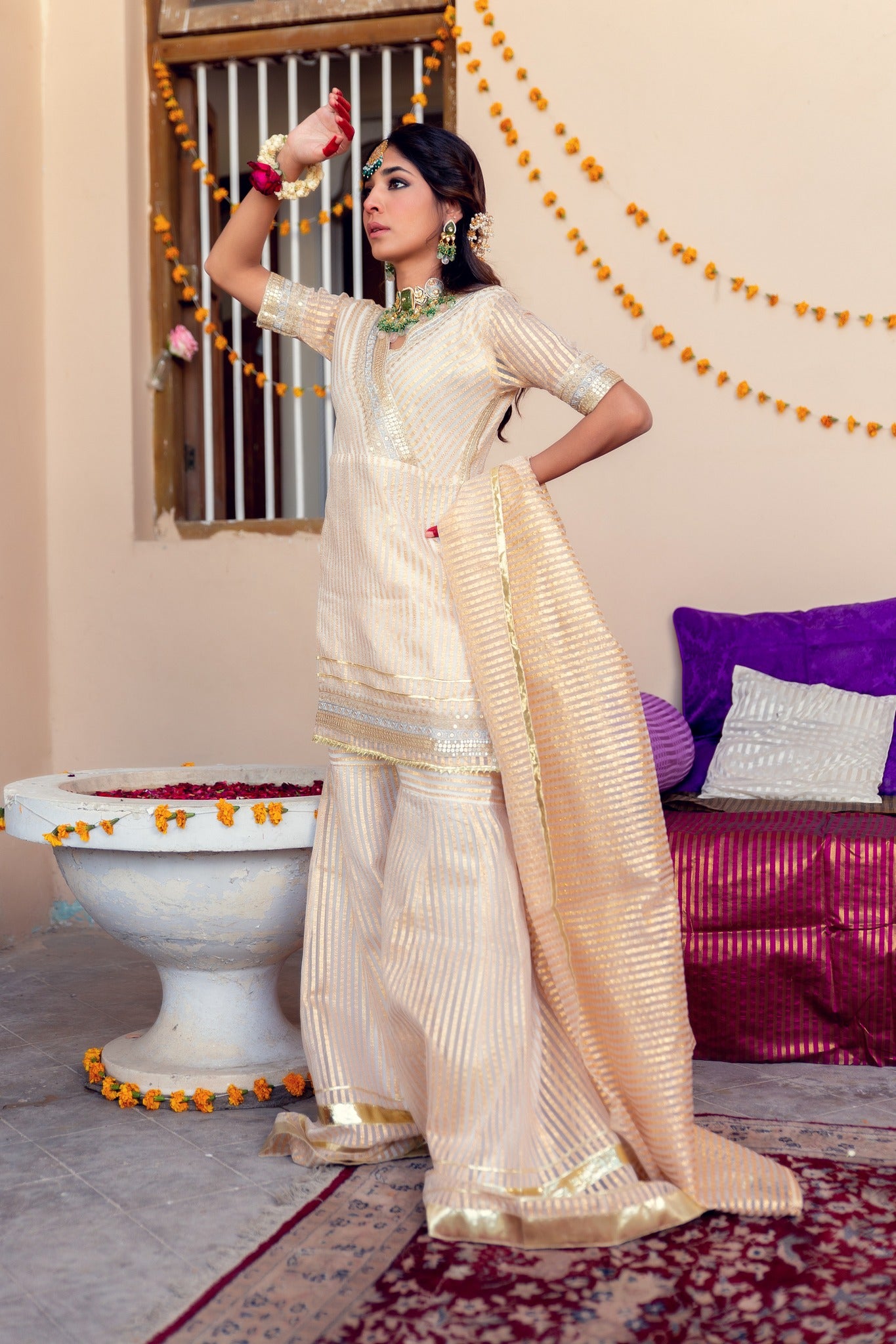 White Tilla Sequin Organza Gharara Set (3-Piece) - Image 5