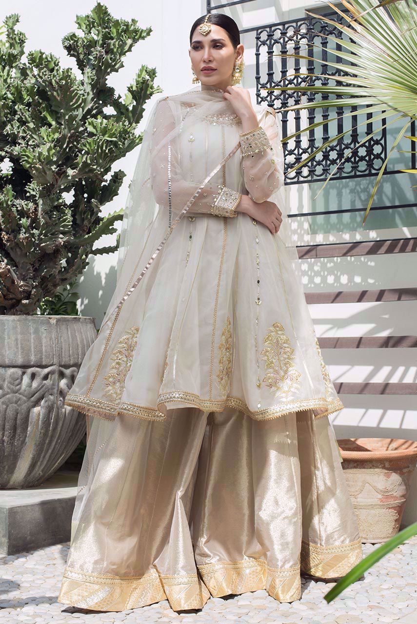 White Zardozi Organza Gharara Set (3-Piece) - Image 1