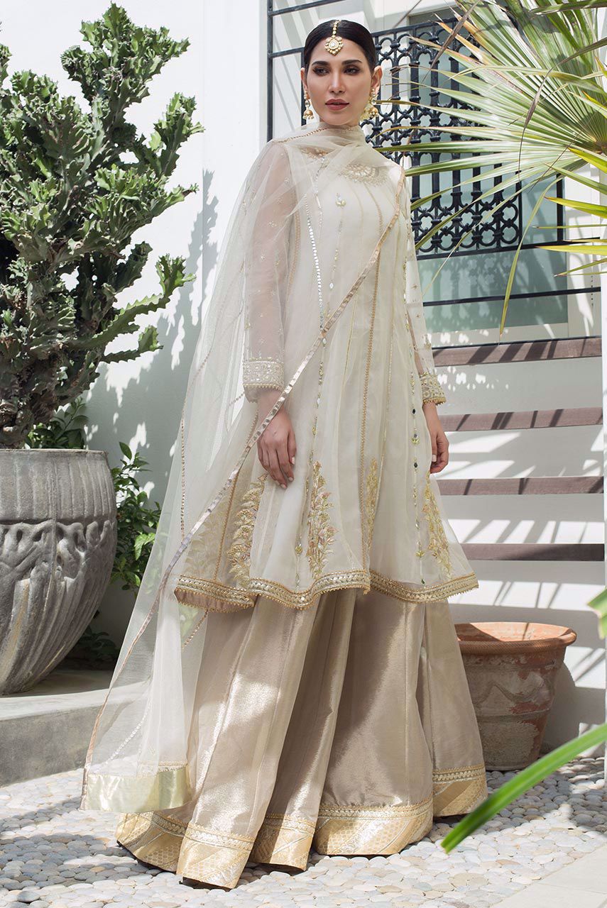 White Zardozi Organza Gharara Set (3-Piece) - Image 2