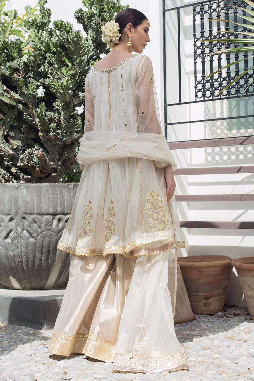 White Zardozi Organza Gharara Set (3-Piece) - Image 3