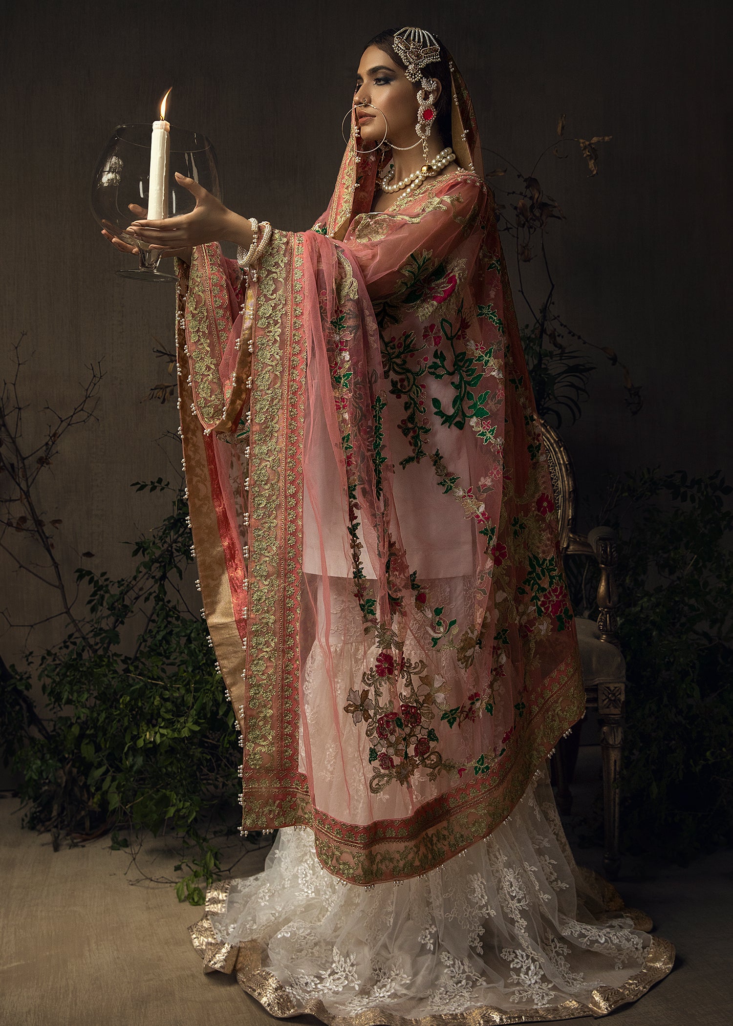 Pakistani Pearl White Aari Embroidered Raw Silk Gharara (3-Piece) - Image 1