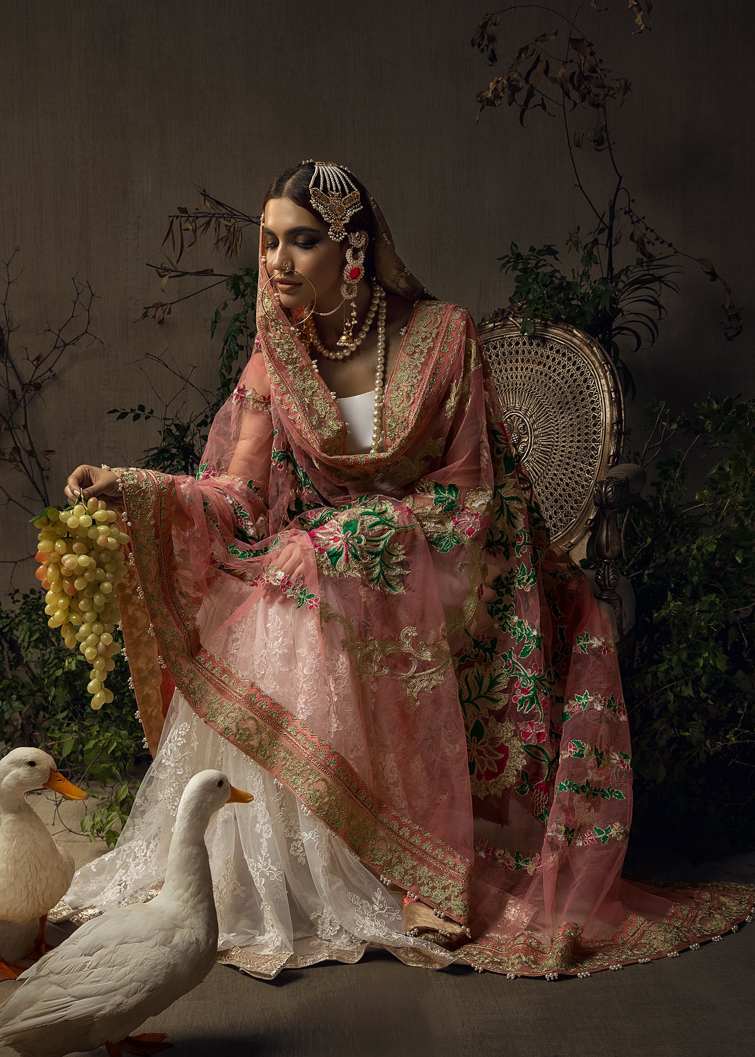 Pakistani Pearl White Aari Embroidered Raw Silk Gharara (3-Piece) - Image 3