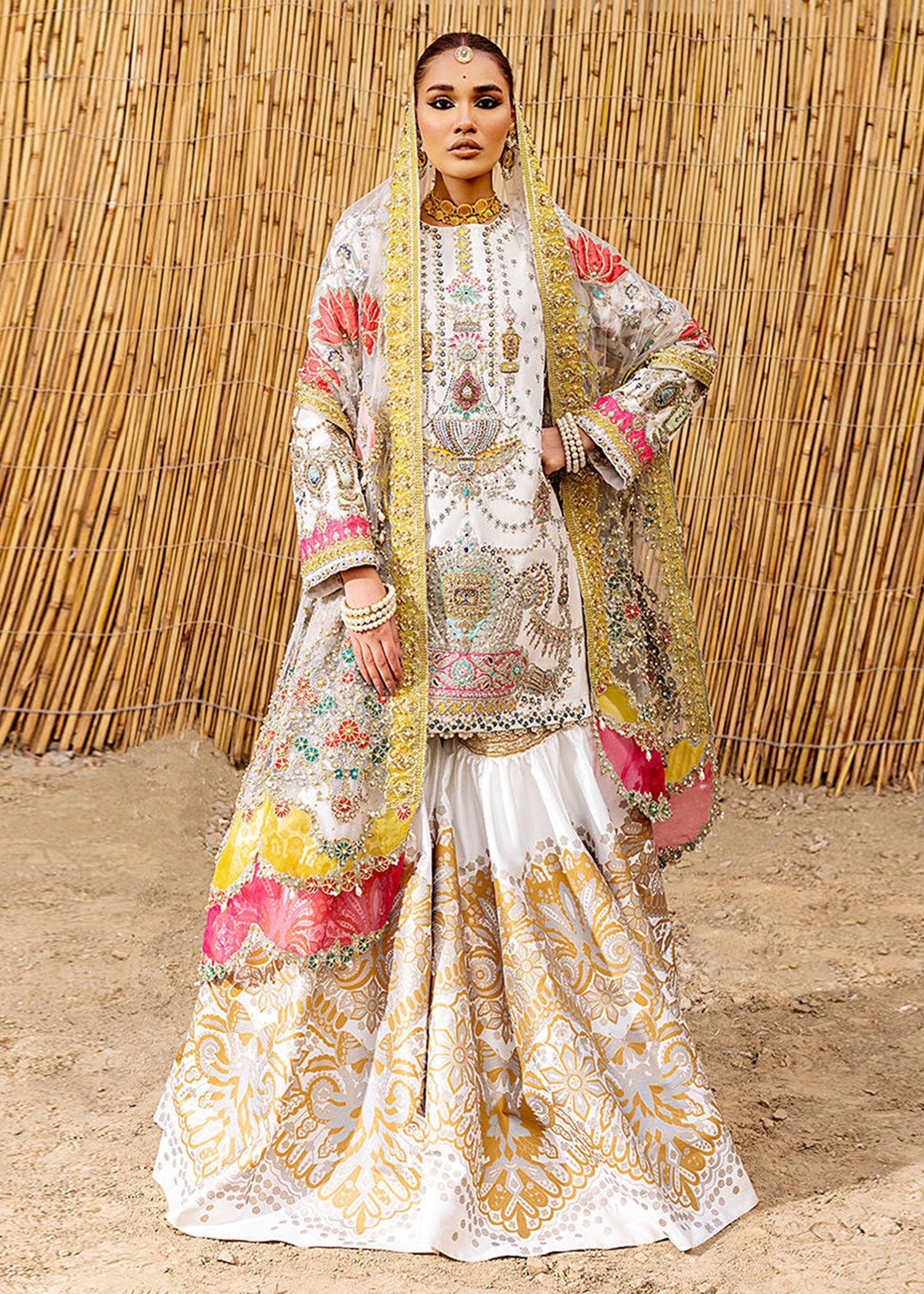White Hand-Embellished Raw Silk Gharara (3-Piece) - Image 1