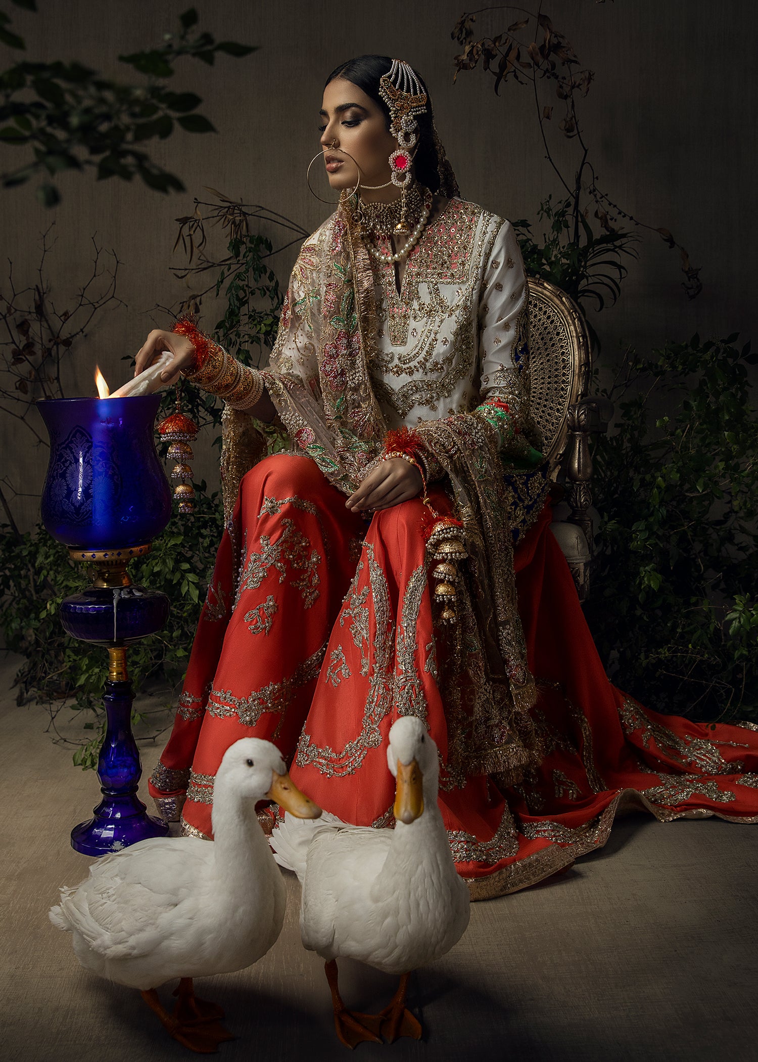 White & Tangerine Embroidered Raw Silk Gharara (3-Piece) - Image 4