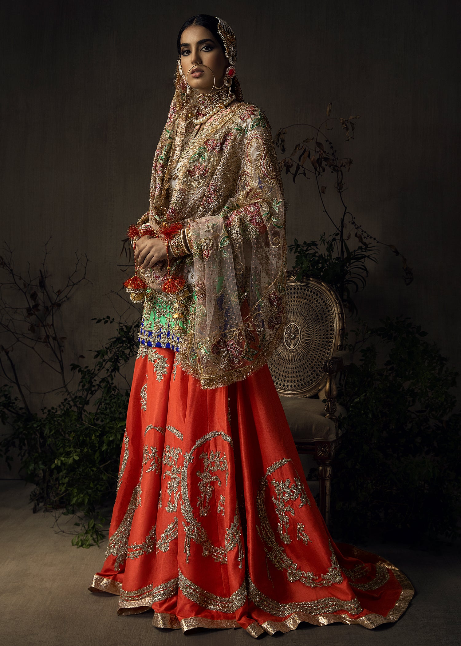 White & Tangerine Embroidered Raw Silk Gharara (3-Piece) - Image 5