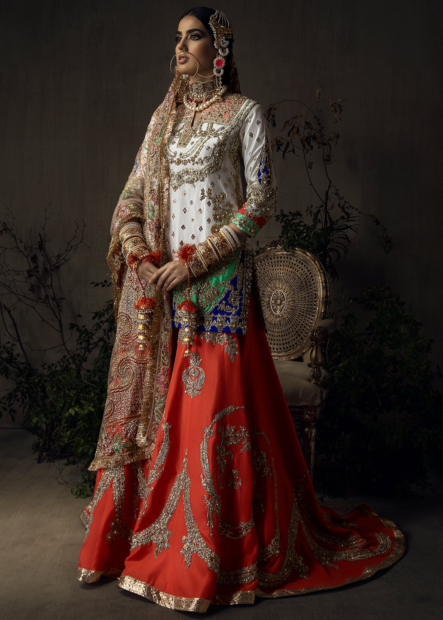 Pakistani White & Tangerine Embroidered Raw Silk Gharara (3-Piece) - Image 1