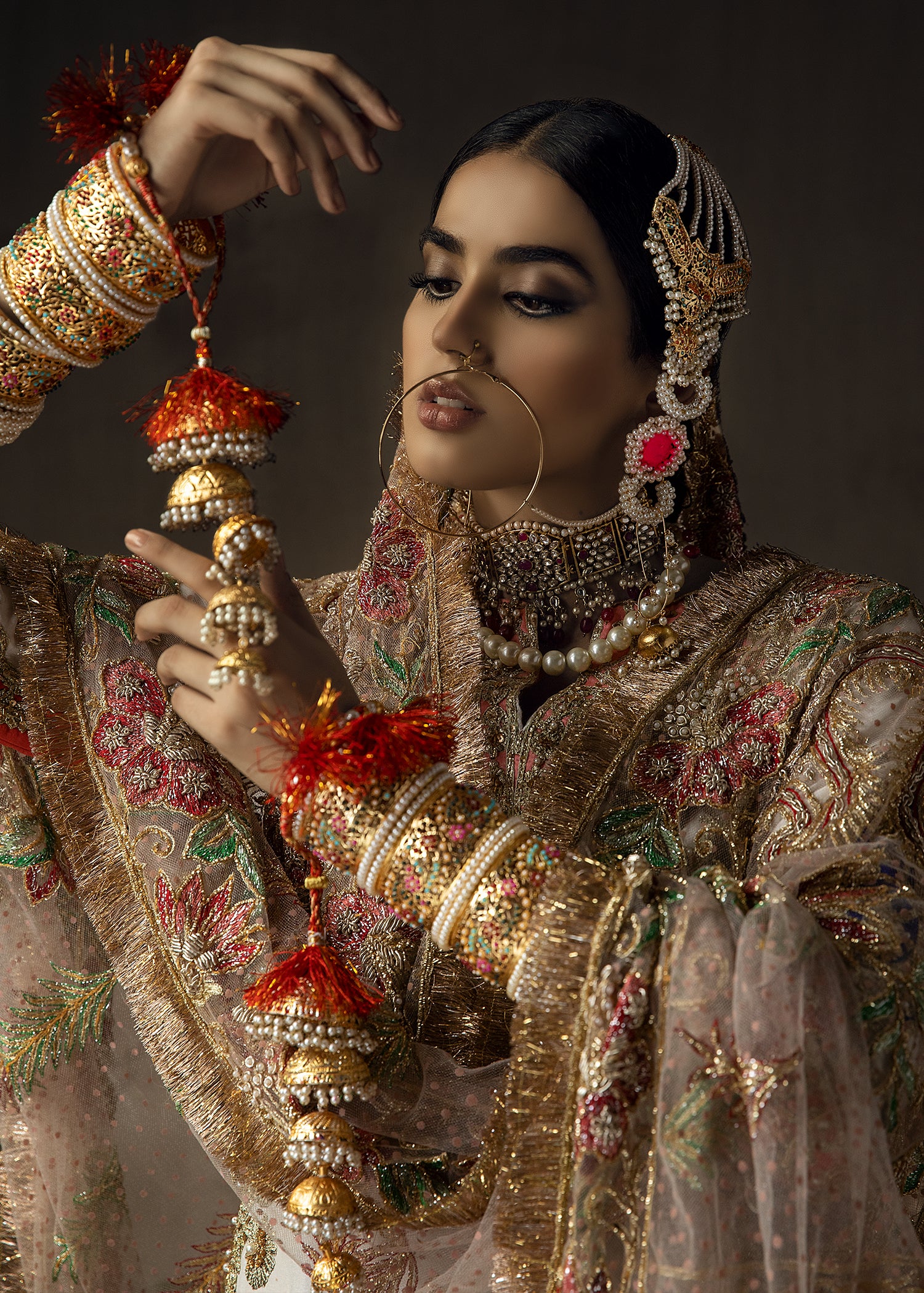 Pakistani White & Tangerine Embroidered Raw Silk Gharara (3-Piece) - Image 10