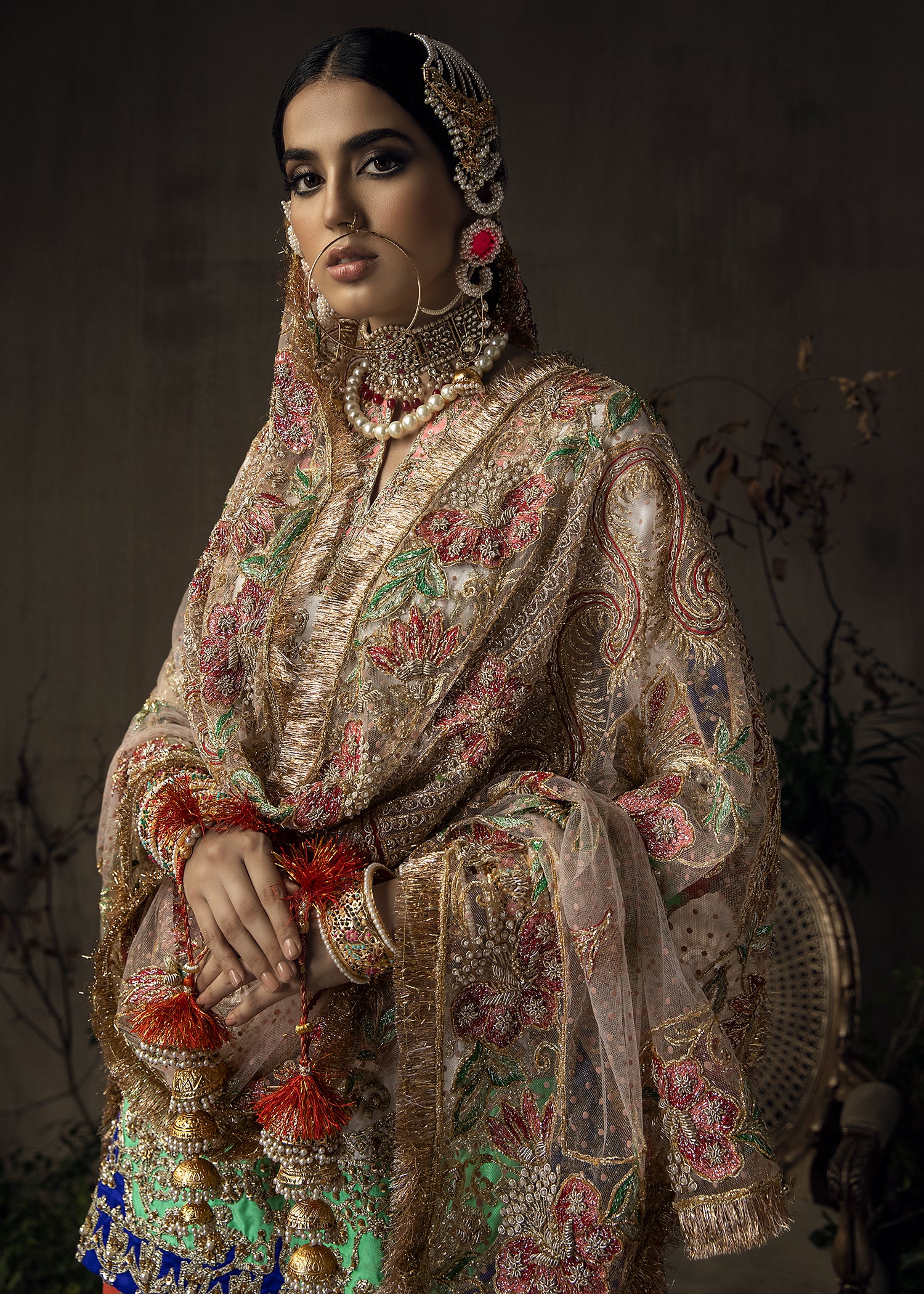 Pakistani White & Tangerine Embroidered Raw Silk Gharara (3-Piece) - Image 11