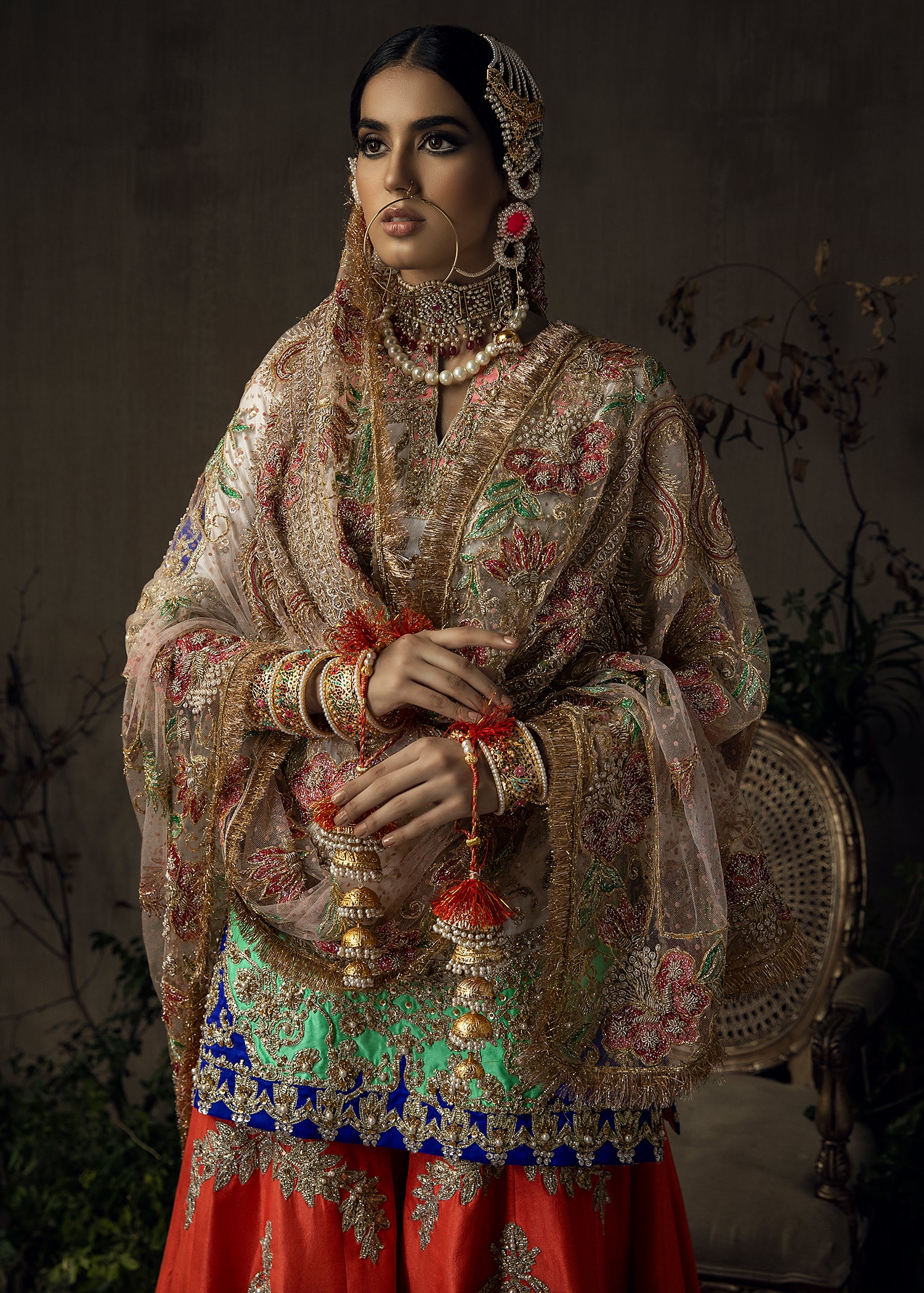Pakistani White & Tangerine Embroidered Raw Silk Gharara (3-Piece) - Image 12