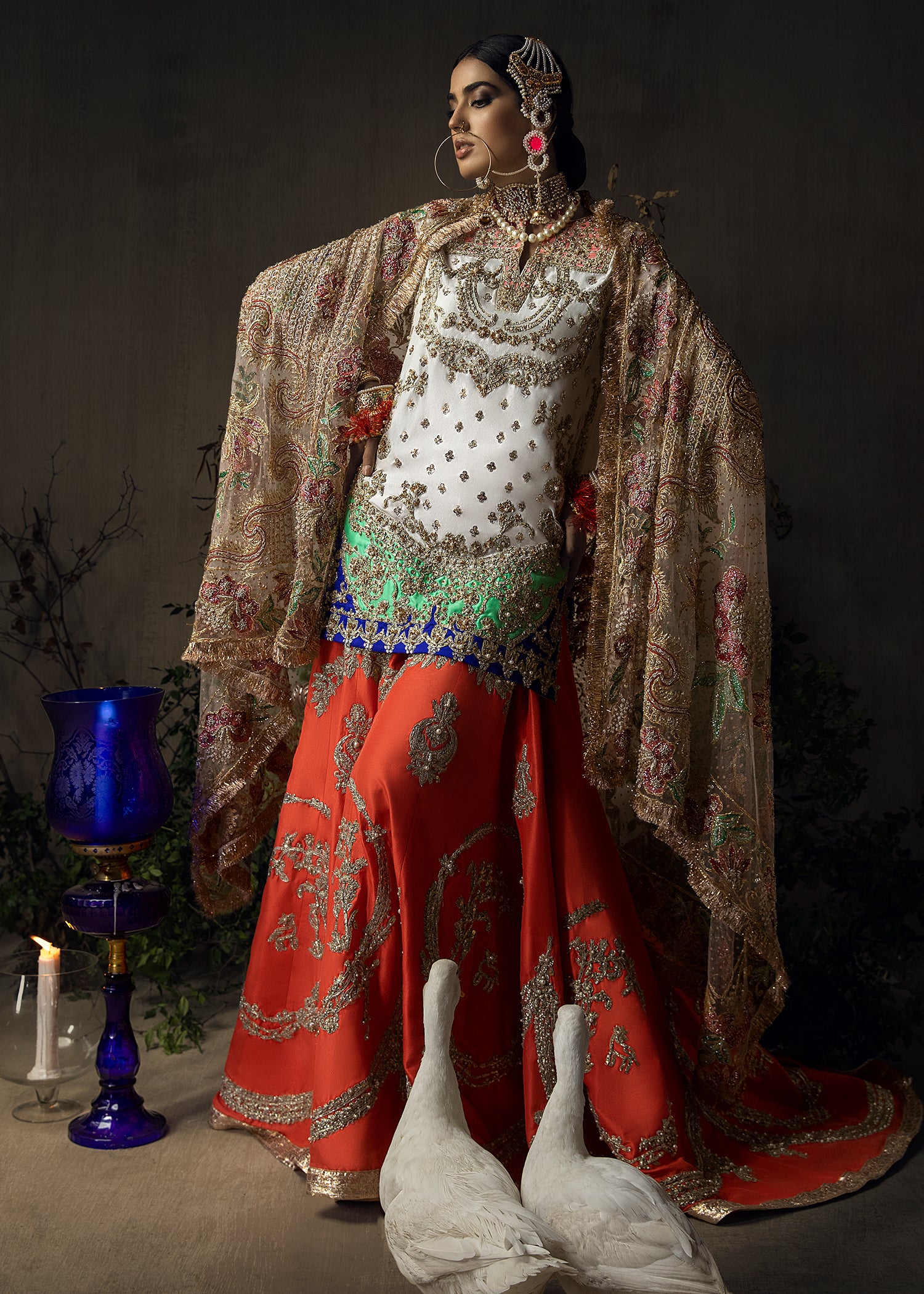 Pakistani White & Tangerine Embroidered Raw Silk Gharara (3-Piece) - Image 2