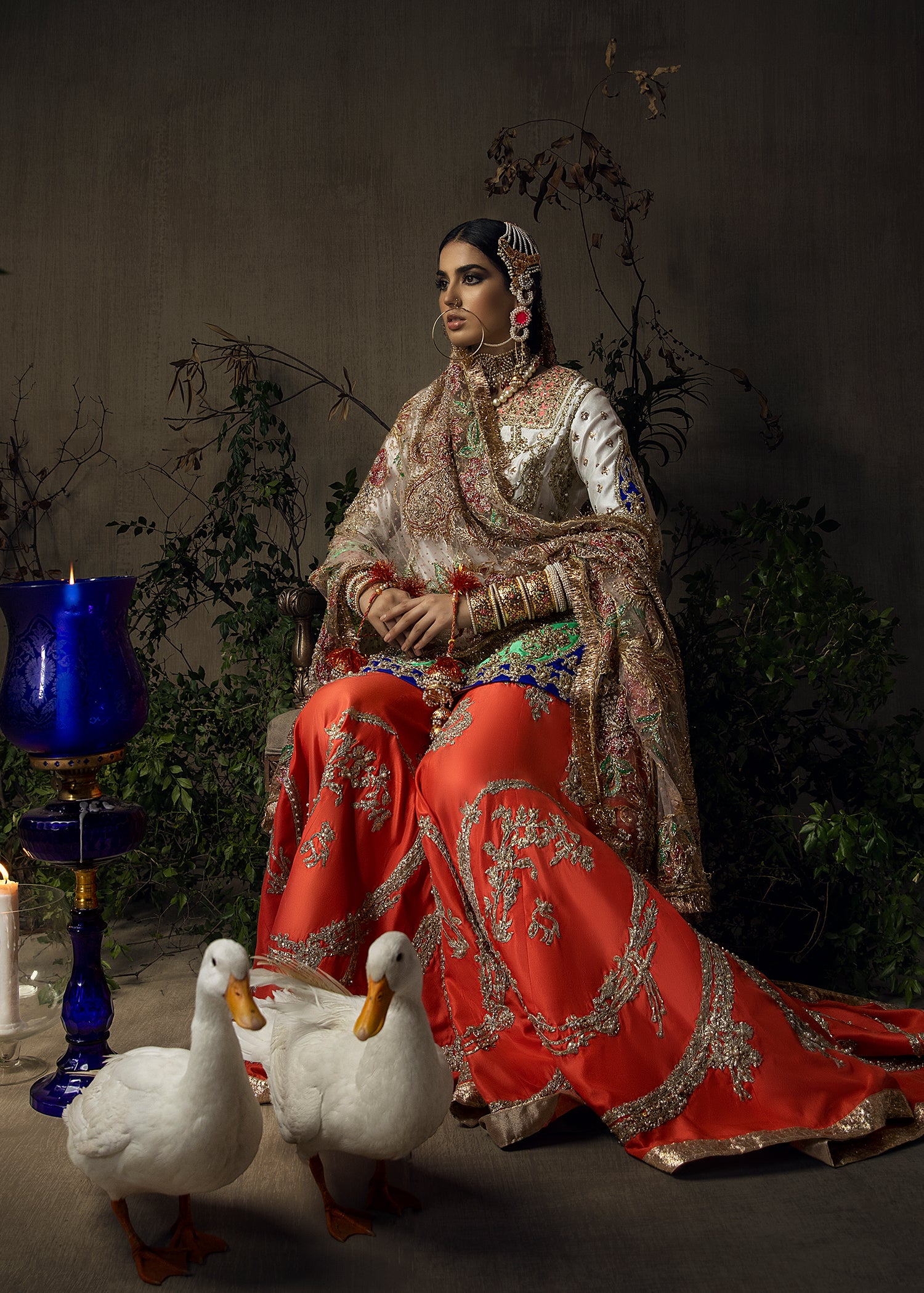 Pakistani White & Tangerine Embroidered Raw Silk Gharara (3-Piece) - Image 3