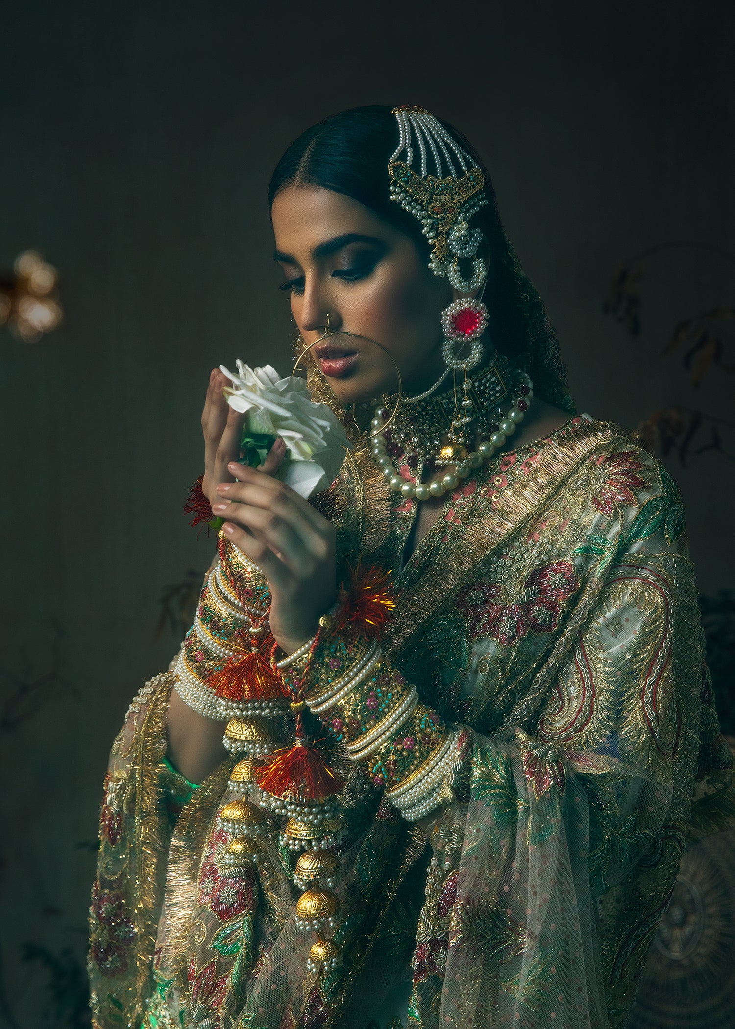 Pakistani White & Tangerine Embroidered Raw Silk Gharara (3-Piece) - Image 7