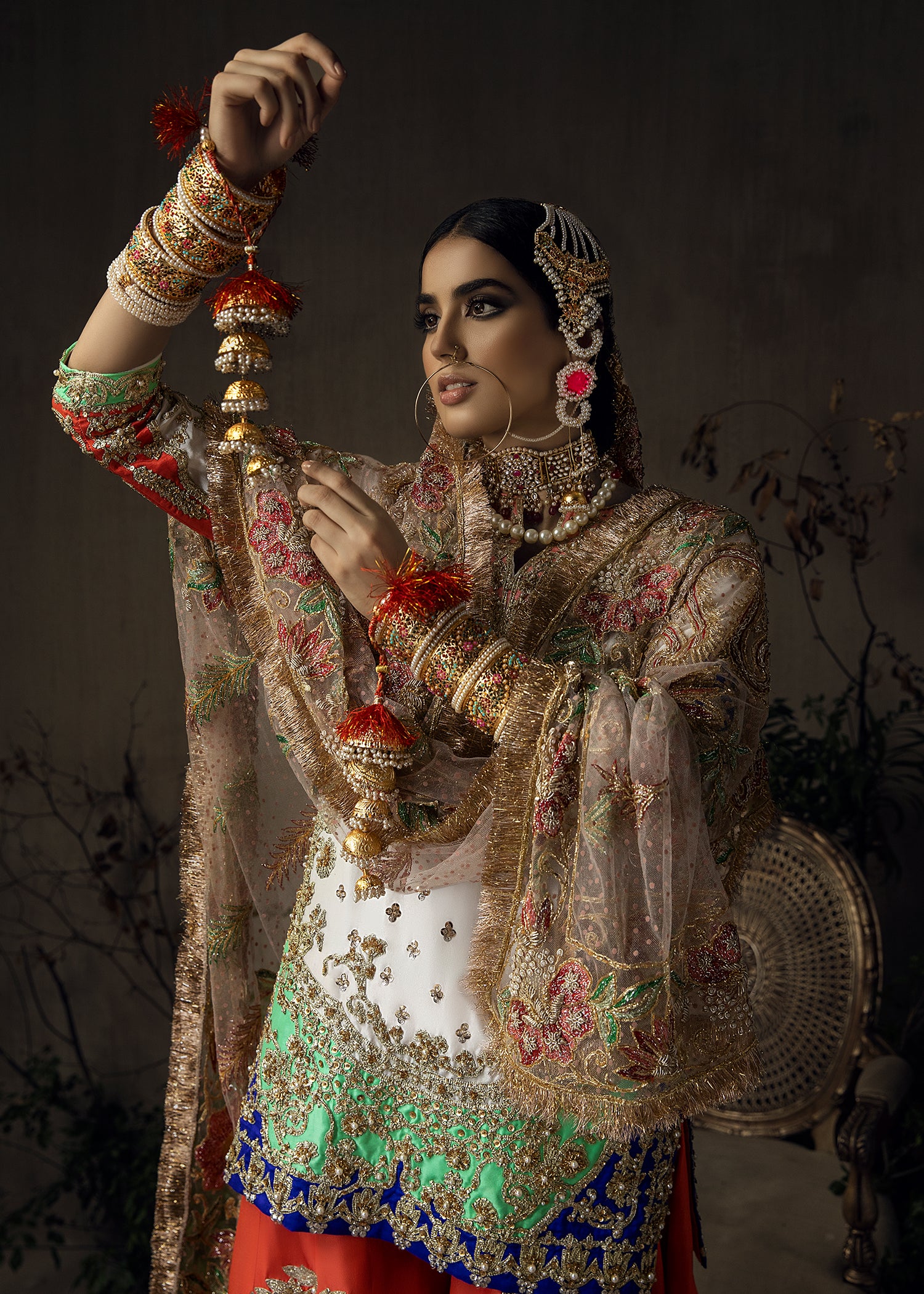 Pakistani White & Tangerine Embroidered Raw Silk Gharara (3-Piece) - Image 9