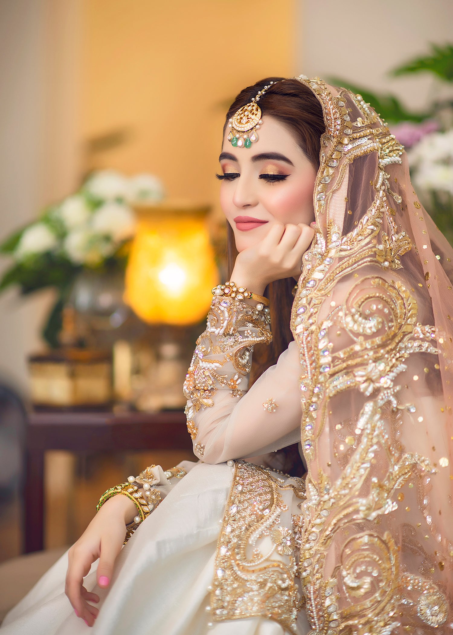 Pakistani White & Peach Embroidered Net Farshi Gharara (3-Piece) - Image 4