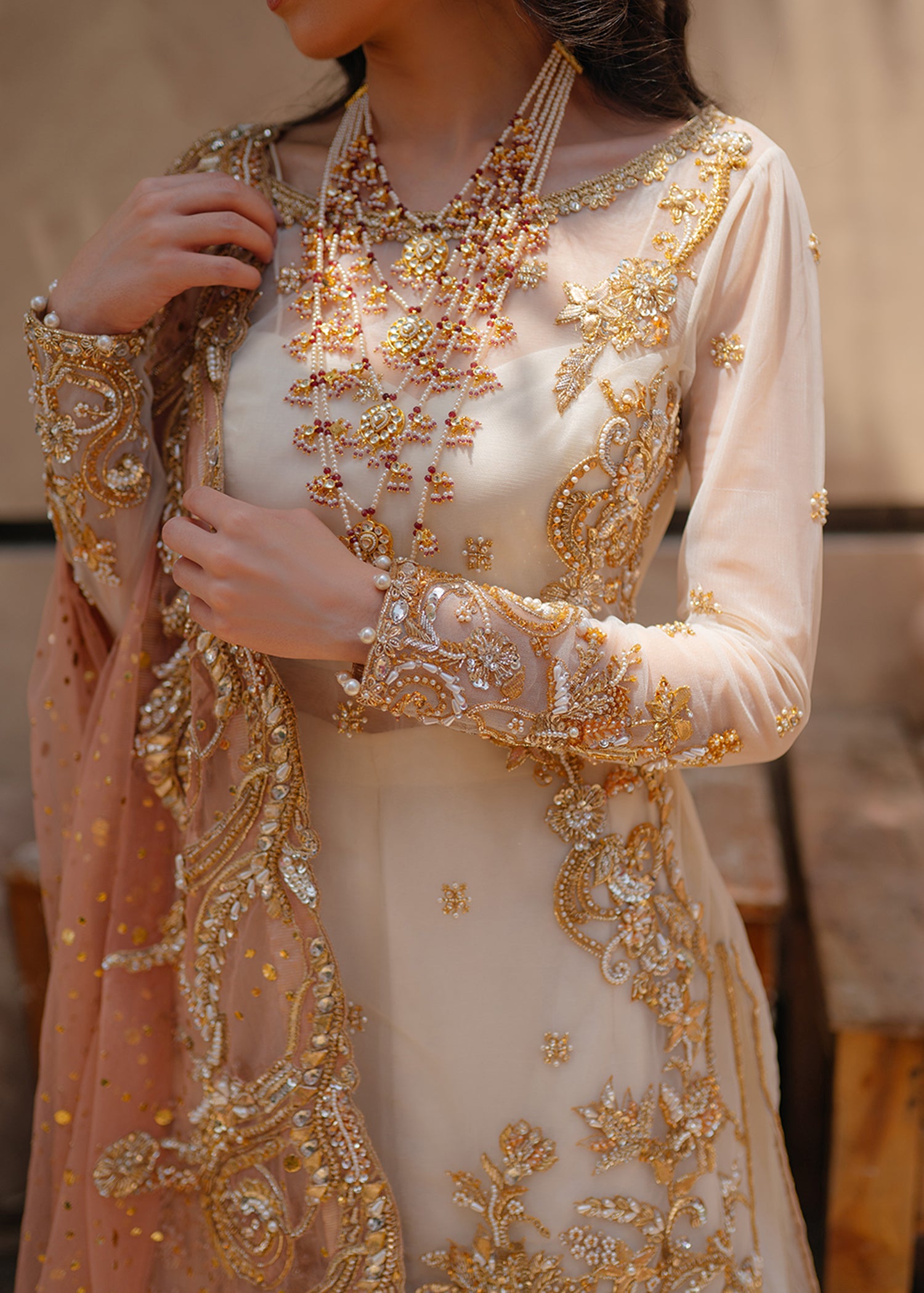 Pakistani White & Peach Embroidered Net Farshi Gharara (3-Piece) - Image 5
