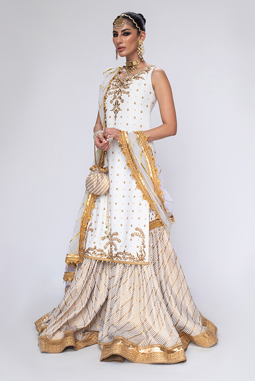 Pakistani White Zardozi Embellished Silk-Blend Gharara (3-Piece) - Image 3