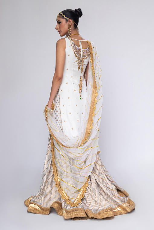 Pakistani White Zardozi Embellished Silk-Blend Gharara (3-Piece) - Image 4
