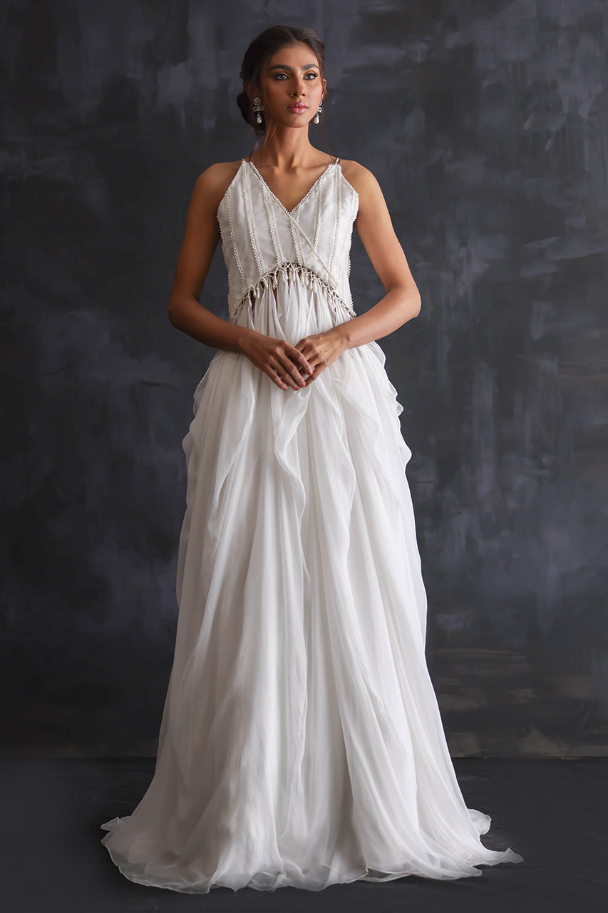 White Draped Chiffon Shift Dress (2-Piece) - Image 1