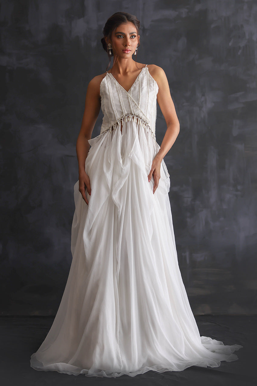 White Draped Chiffon Shift Dress (2-Piece) - Image 3