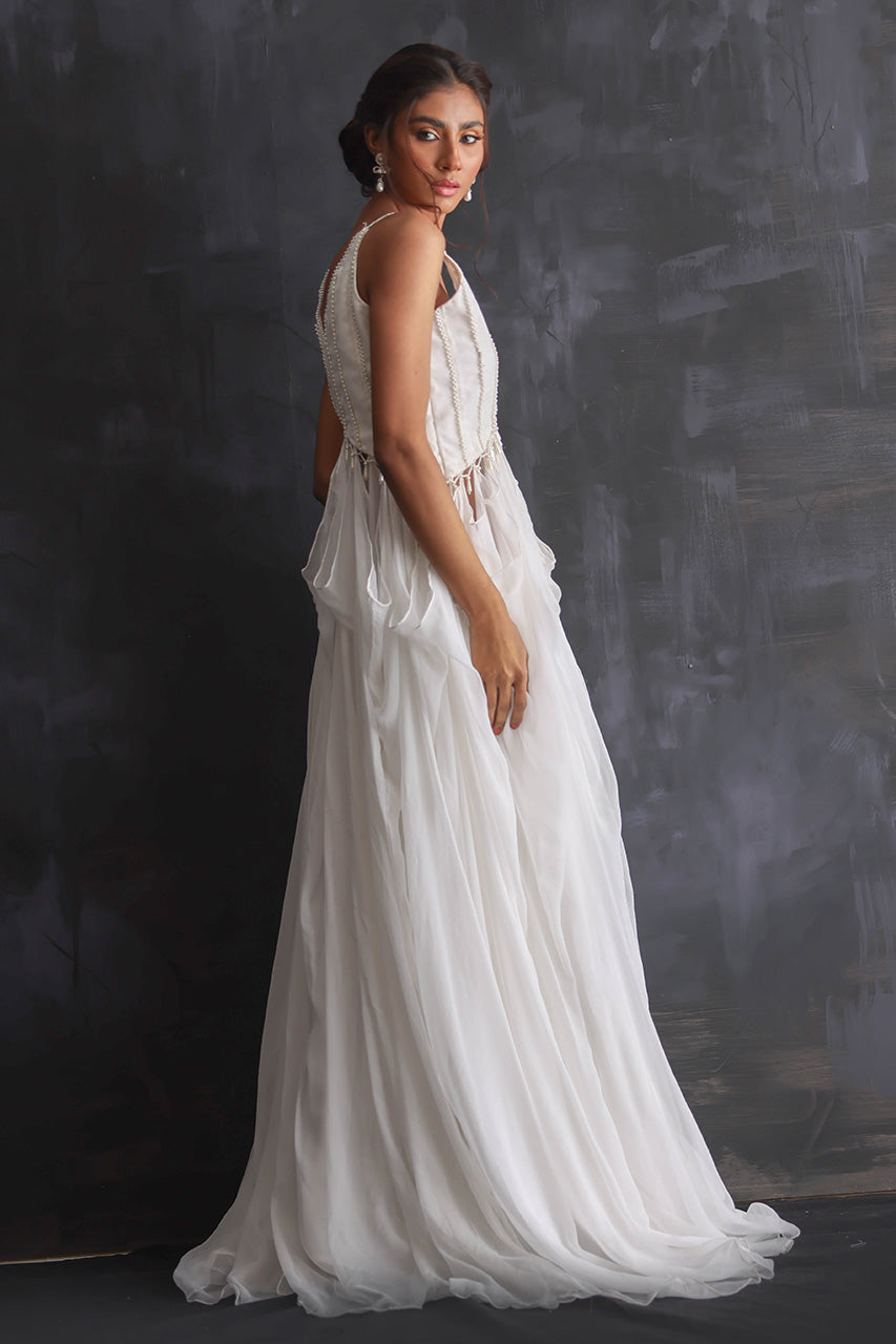 White Draped Chiffon Shift Dress (2-Piece) - Image 4