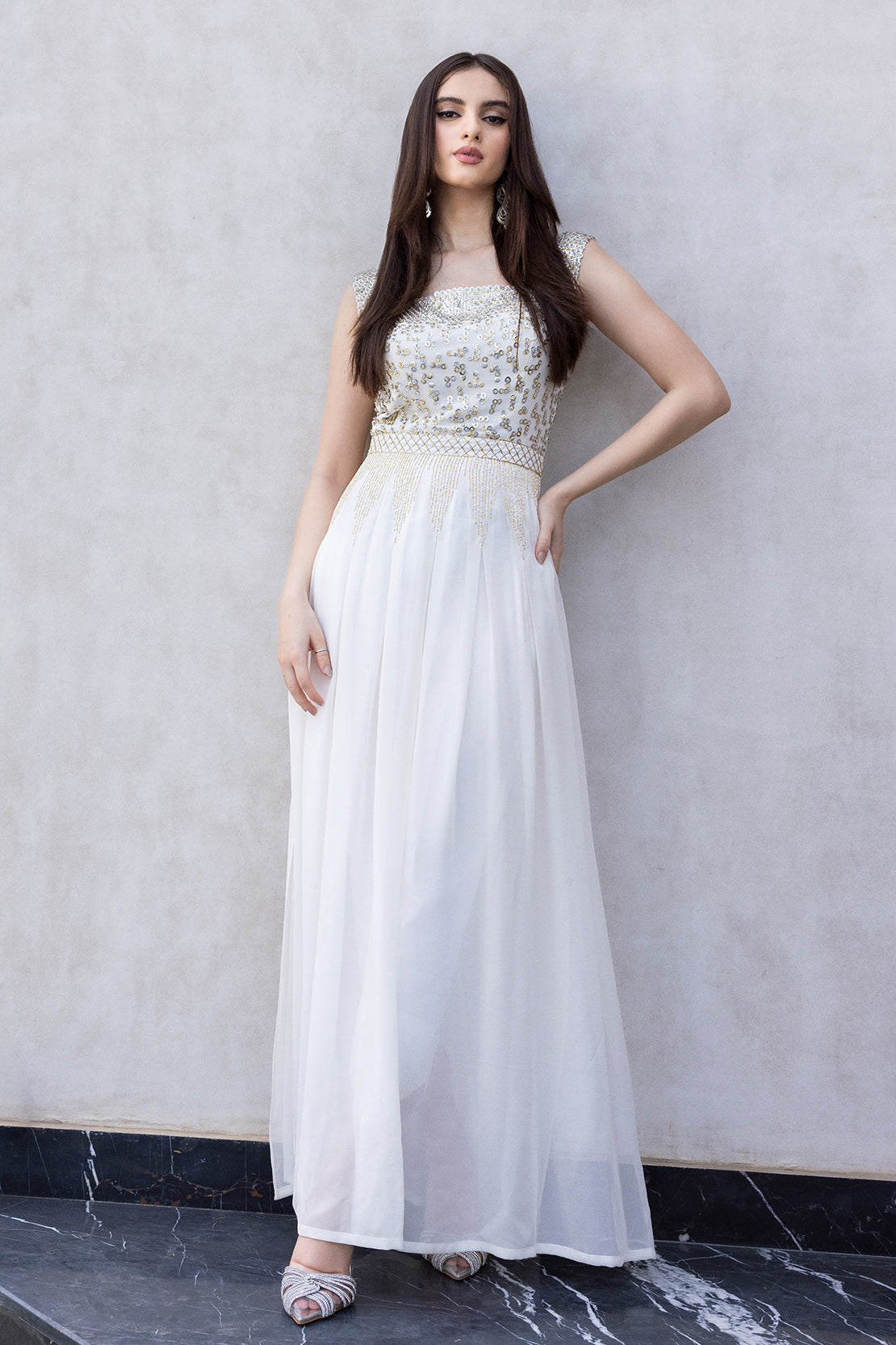 White Sequin Beaded Pure Chiffon Gown (3-Piece) - Image 1