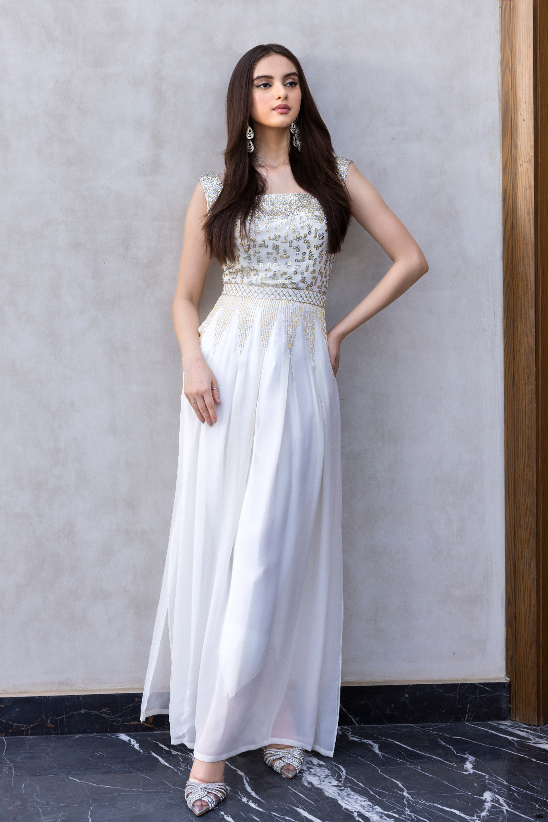 White Sequin Beaded Pure Chiffon Gown (3-Piece) - Image 2