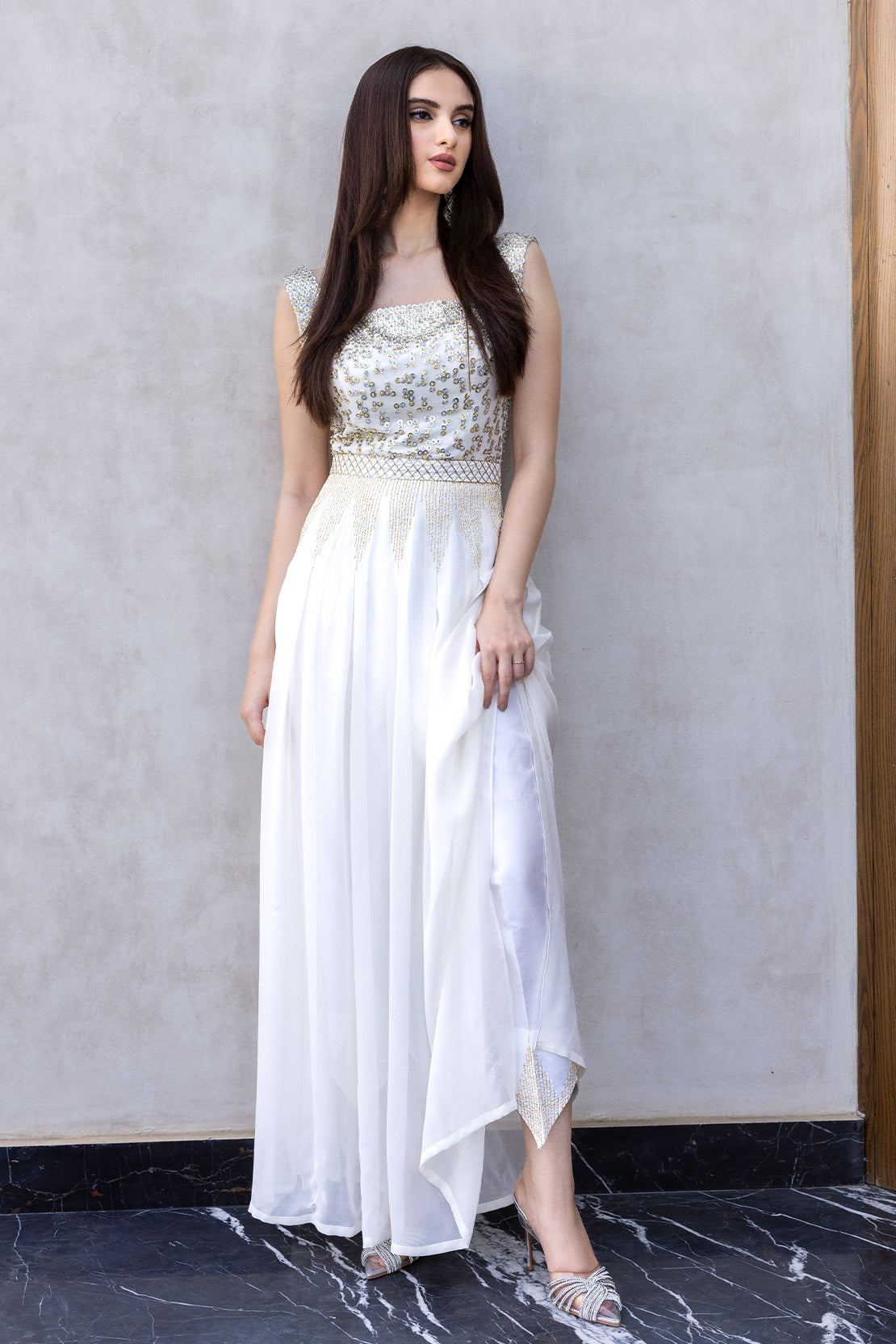 White Sequin Beaded Pure Chiffon Gown (3-Piece) - Image 3
