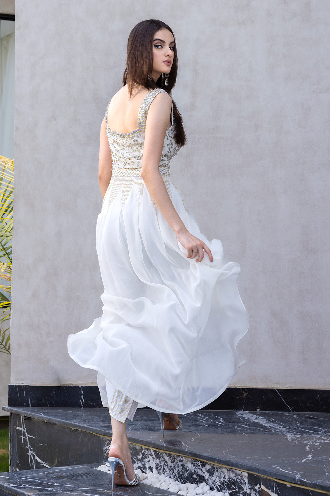 White Sequin Beaded Pure Chiffon Gown (3-Piece) - Image 4