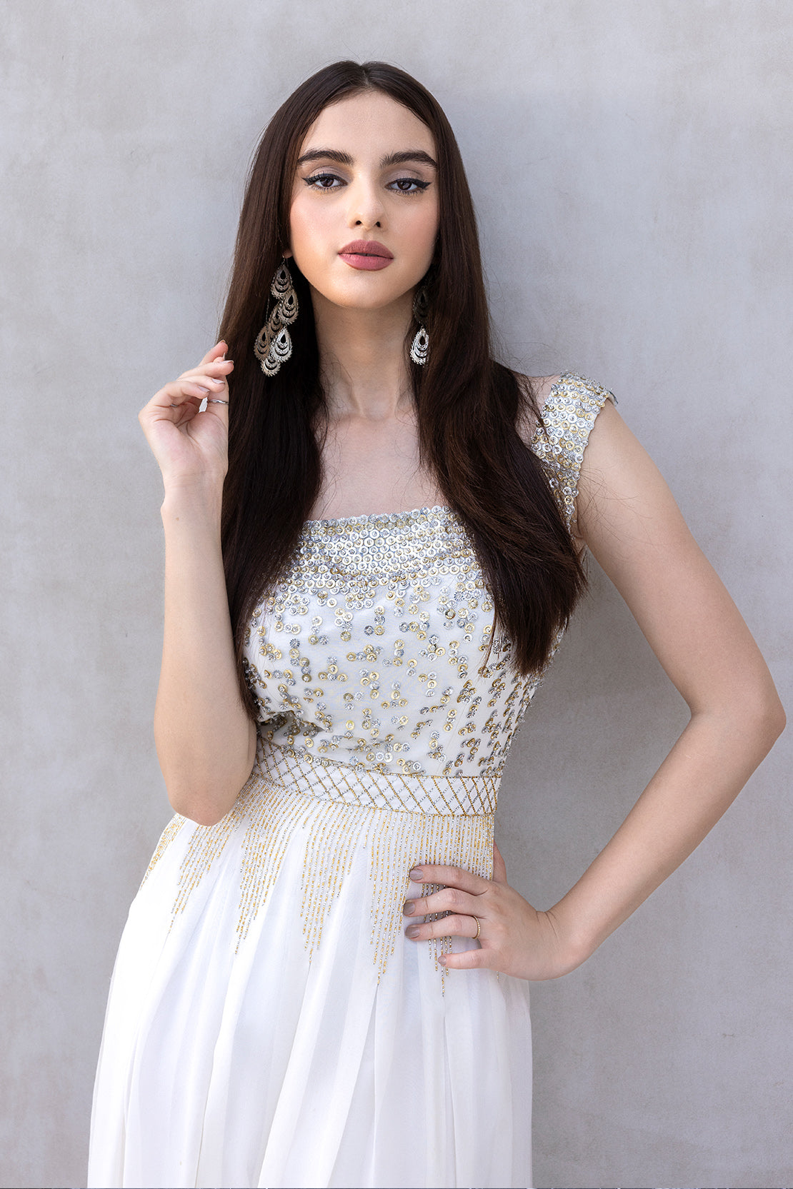 White Sequin Beaded Pure Chiffon Gown (3-Piece) - Image 5