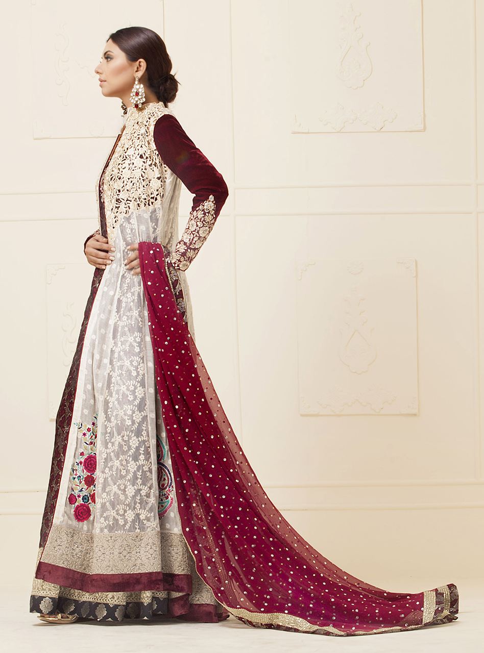 White Embroidered Khaddi Net Jacket Gown (3-Piece) - Image 1