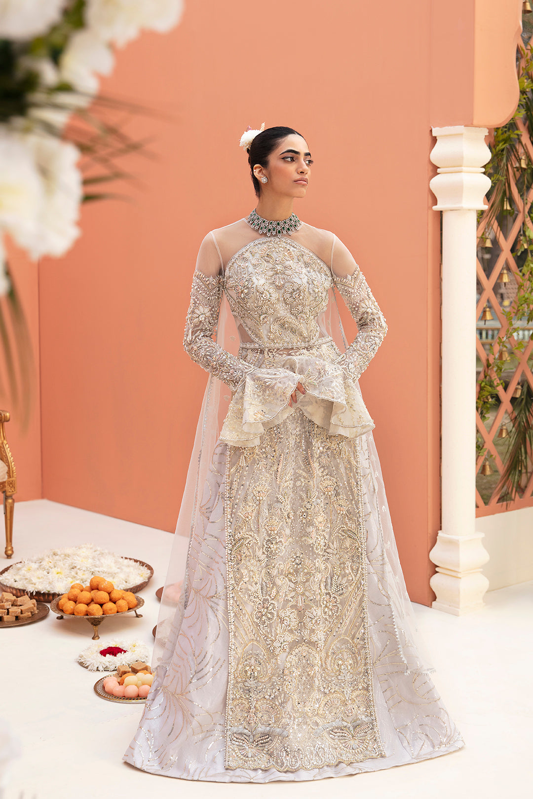 Pakistani Dove White Embroidered Net Bridal Gown (2-Piece) - Image 1
