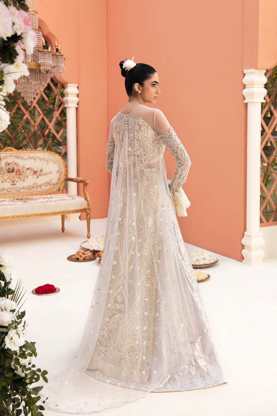 Pakistani Dove White Embroidered Net Bridal Gown (2-Piece) - Image 4