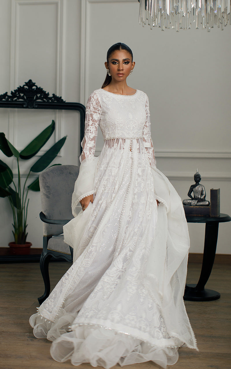 White Embroidered Net Front-Open Gown (2-Piece) - Image 1