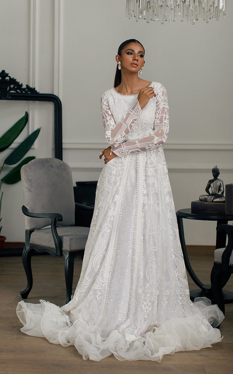 White Embroidered Net Front-Open Gown (2-Piece) - Image 2