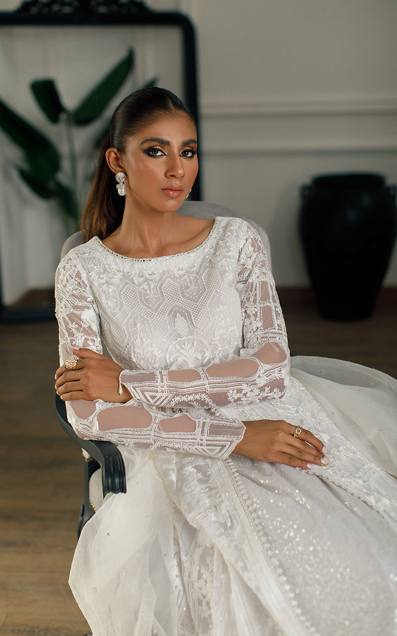 White Embroidered Net Front-Open Gown (2-Piece) - Image 3