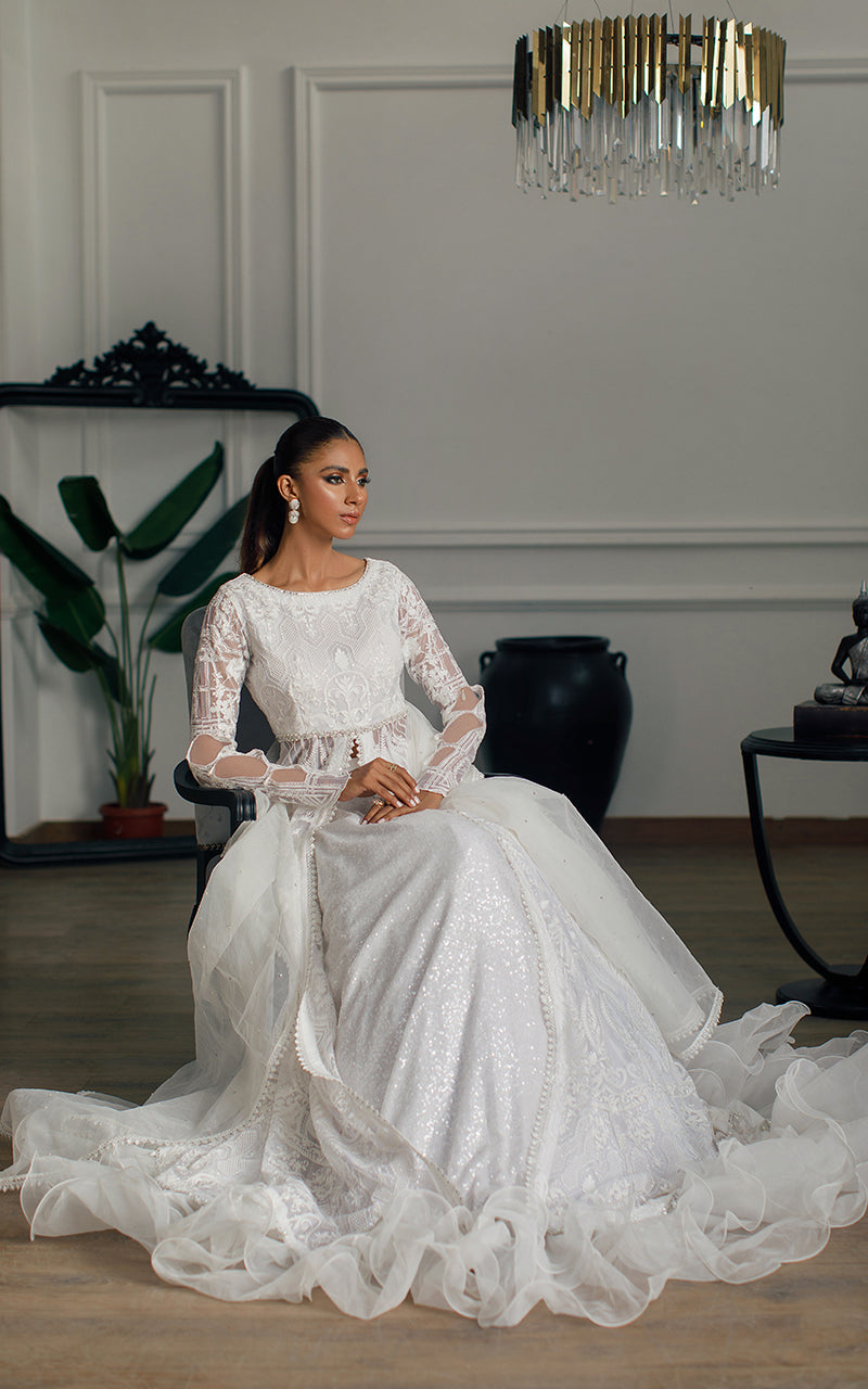 White Embroidered Net Front-Open Gown (2-Piece) - Image 4