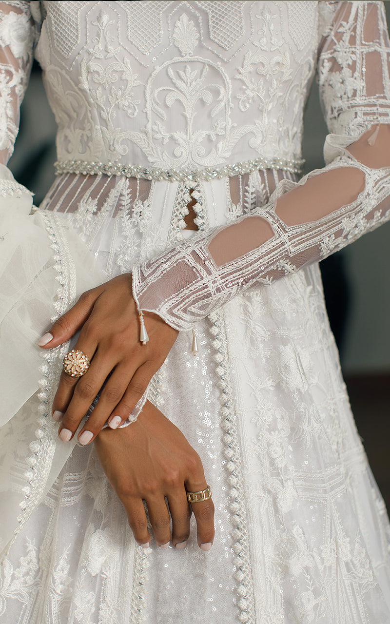 White Embroidered Net Front-Open Gown (2-Piece) - Image 5