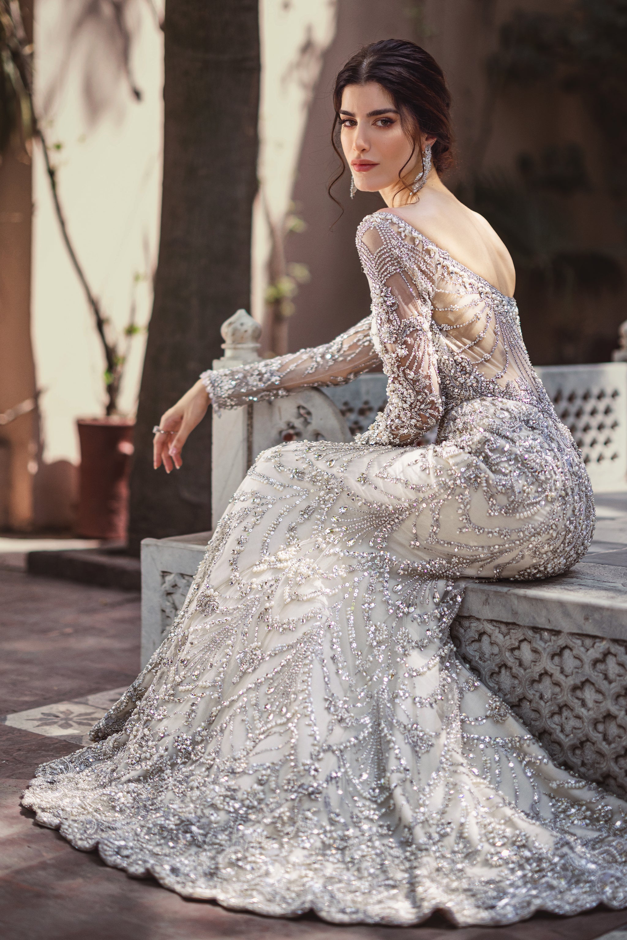 Indian White Embellished Net Mermaid Bridal Gown (2-Piece) - Image 2