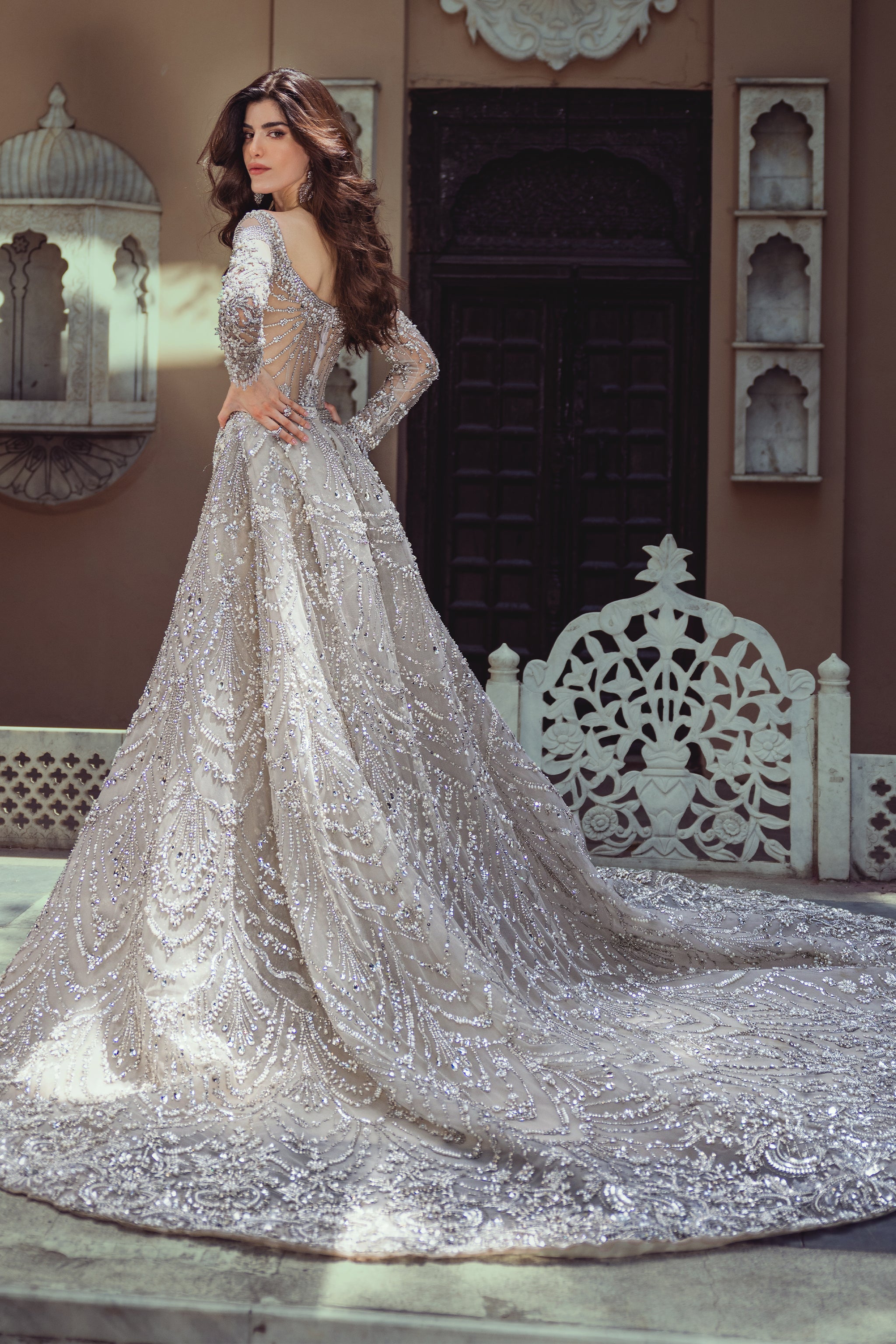 Indian White Embellished Net Mermaid Bridal Gown (2-Piece) - Image 5