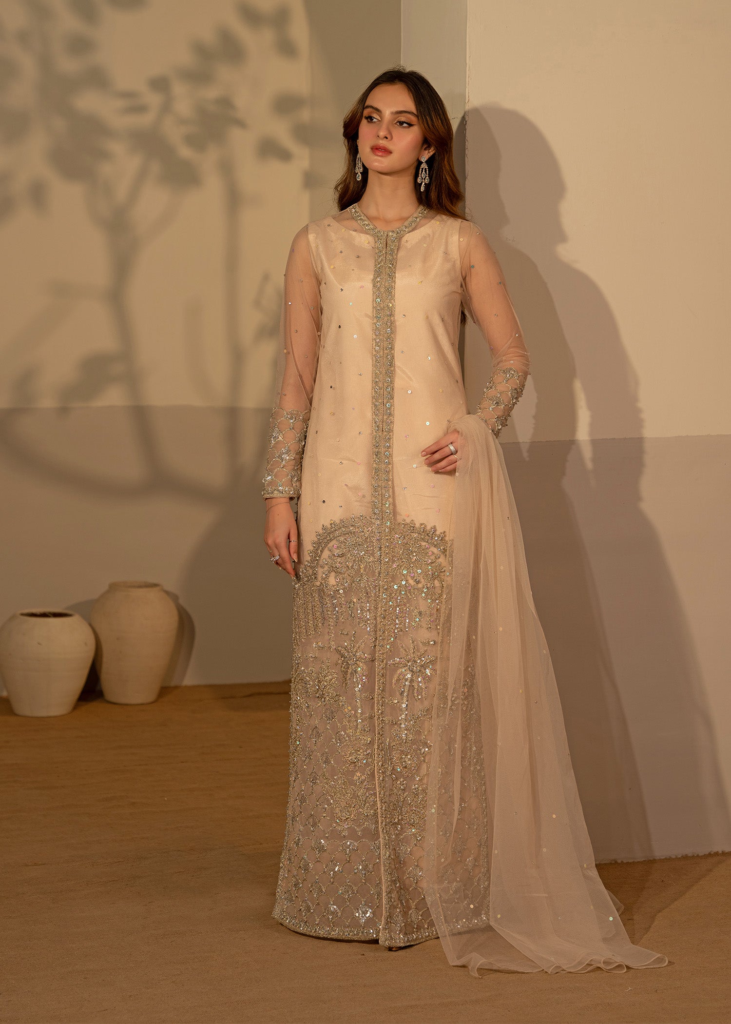 Fone White Embellished Net Long Gown (3-Piece) - Image 1