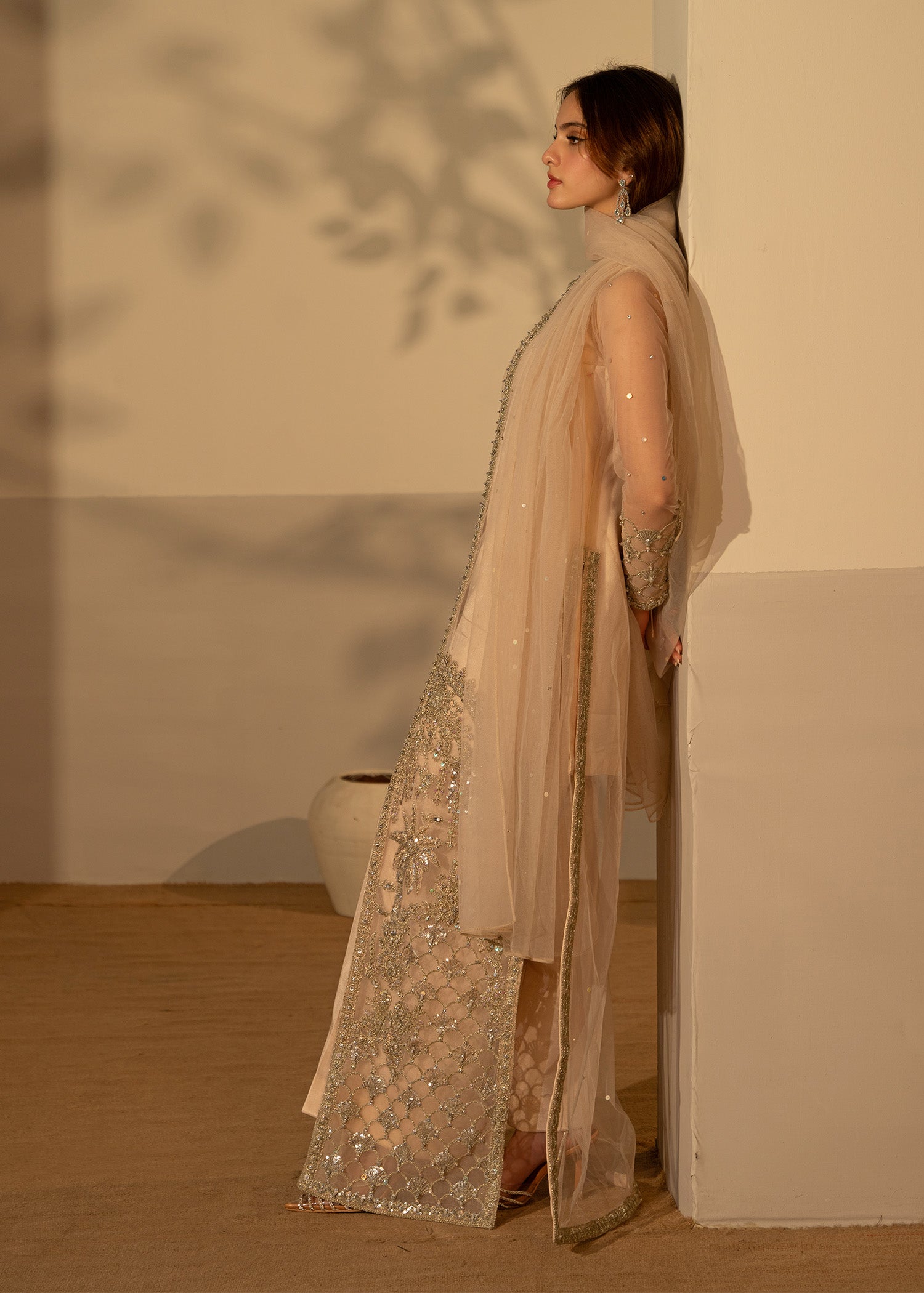 Fone White Embellished Net Long Gown (3-Piece) - Image 10