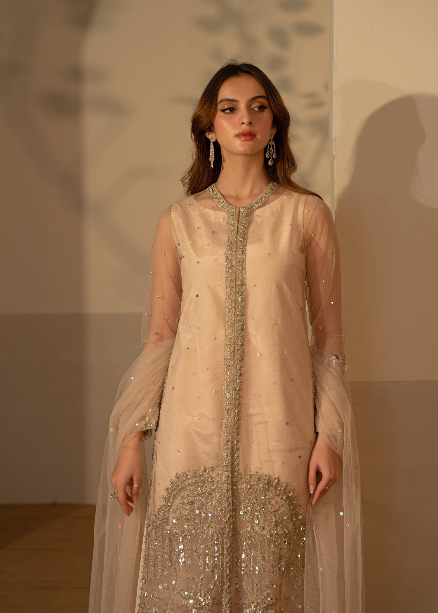 Fone White Embellished Net Long Gown (3-Piece) - Image 2