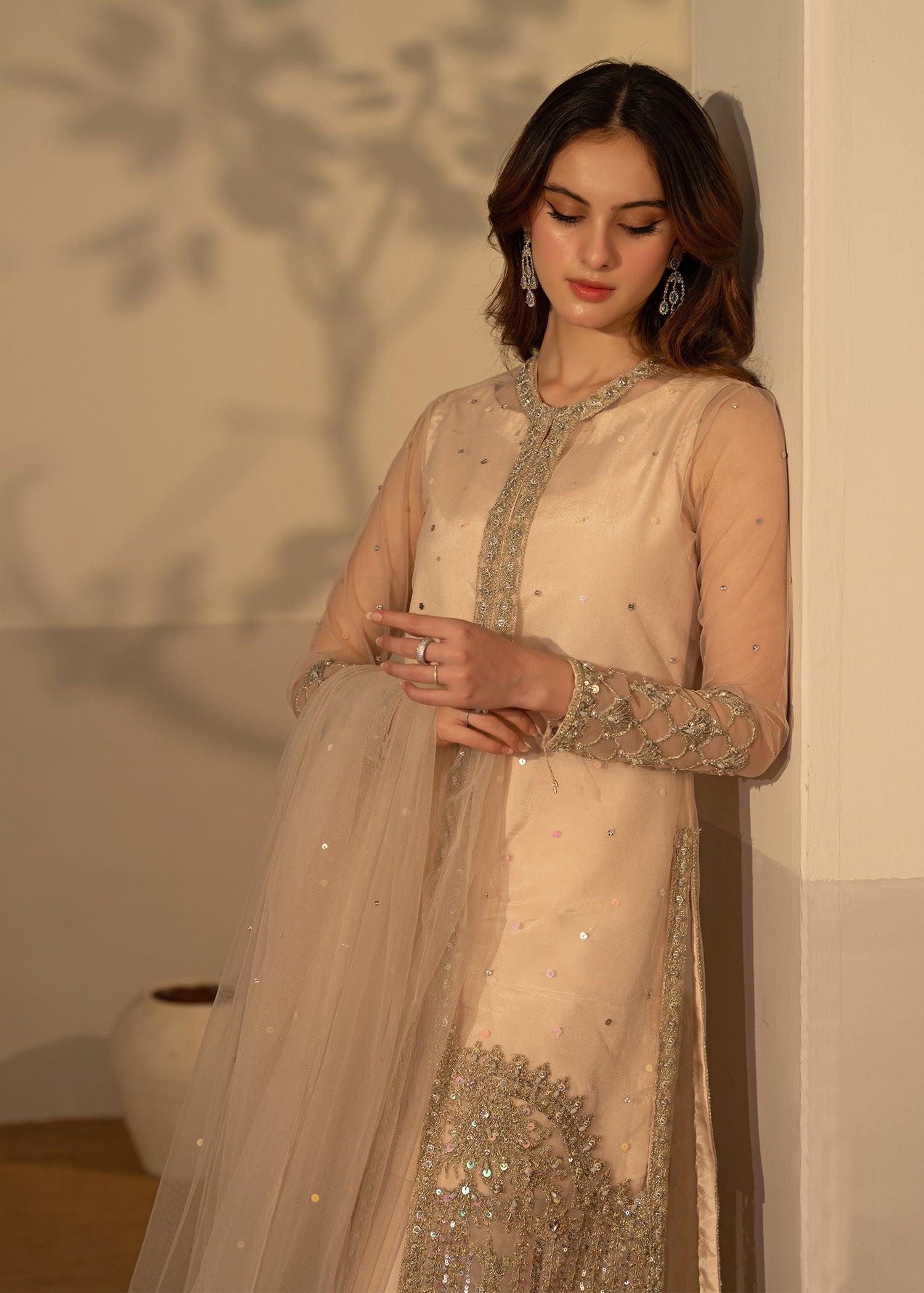 Fone White Embellished Net Long Gown (3-Piece) - Image 3