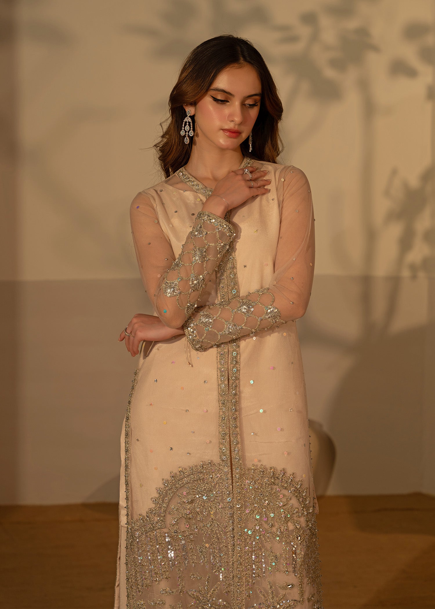 Fone White Embellished Net Long Gown (3-Piece) - Image 4