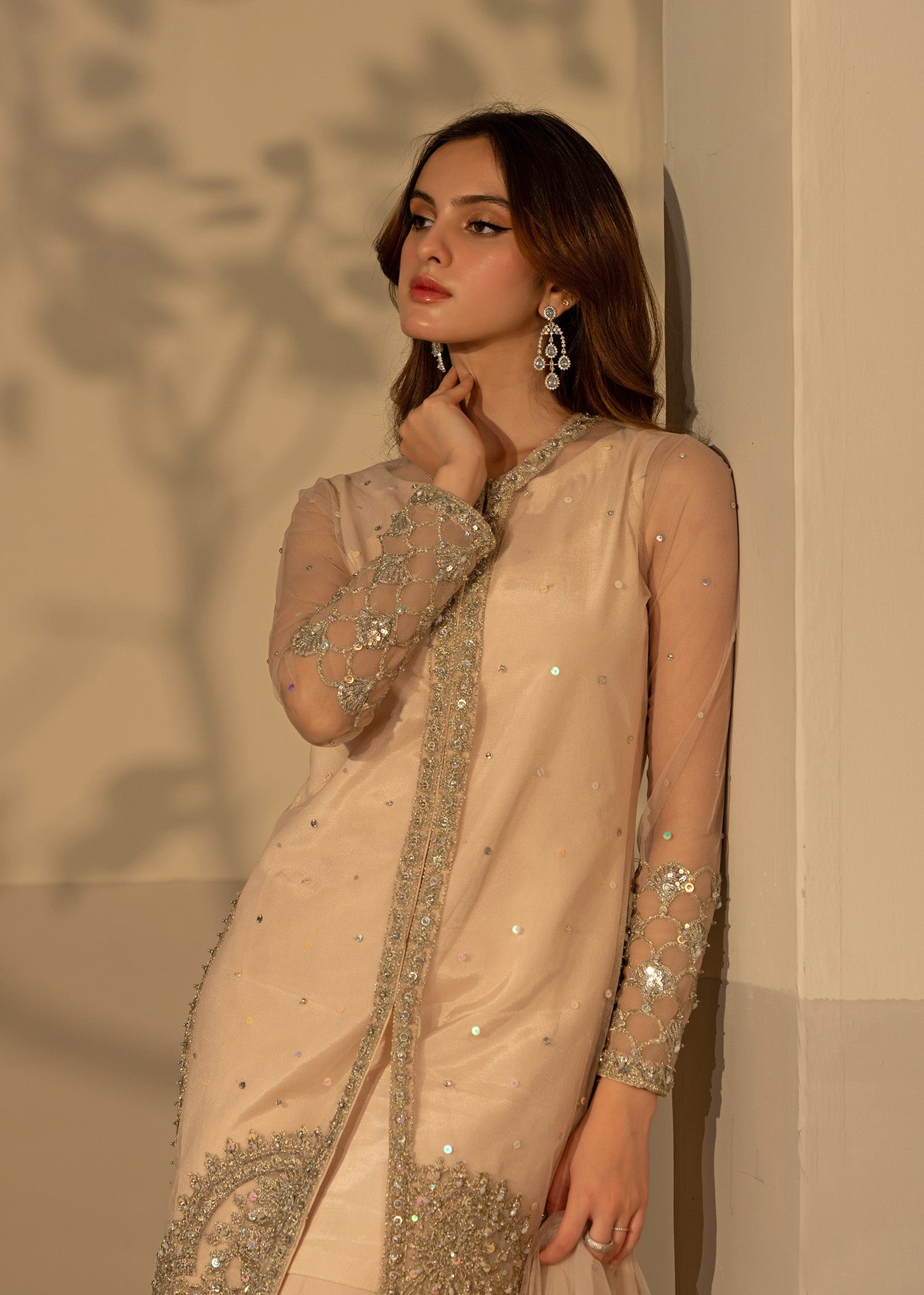 Fone White Embellished Net Long Gown (3-Piece) - Image 5