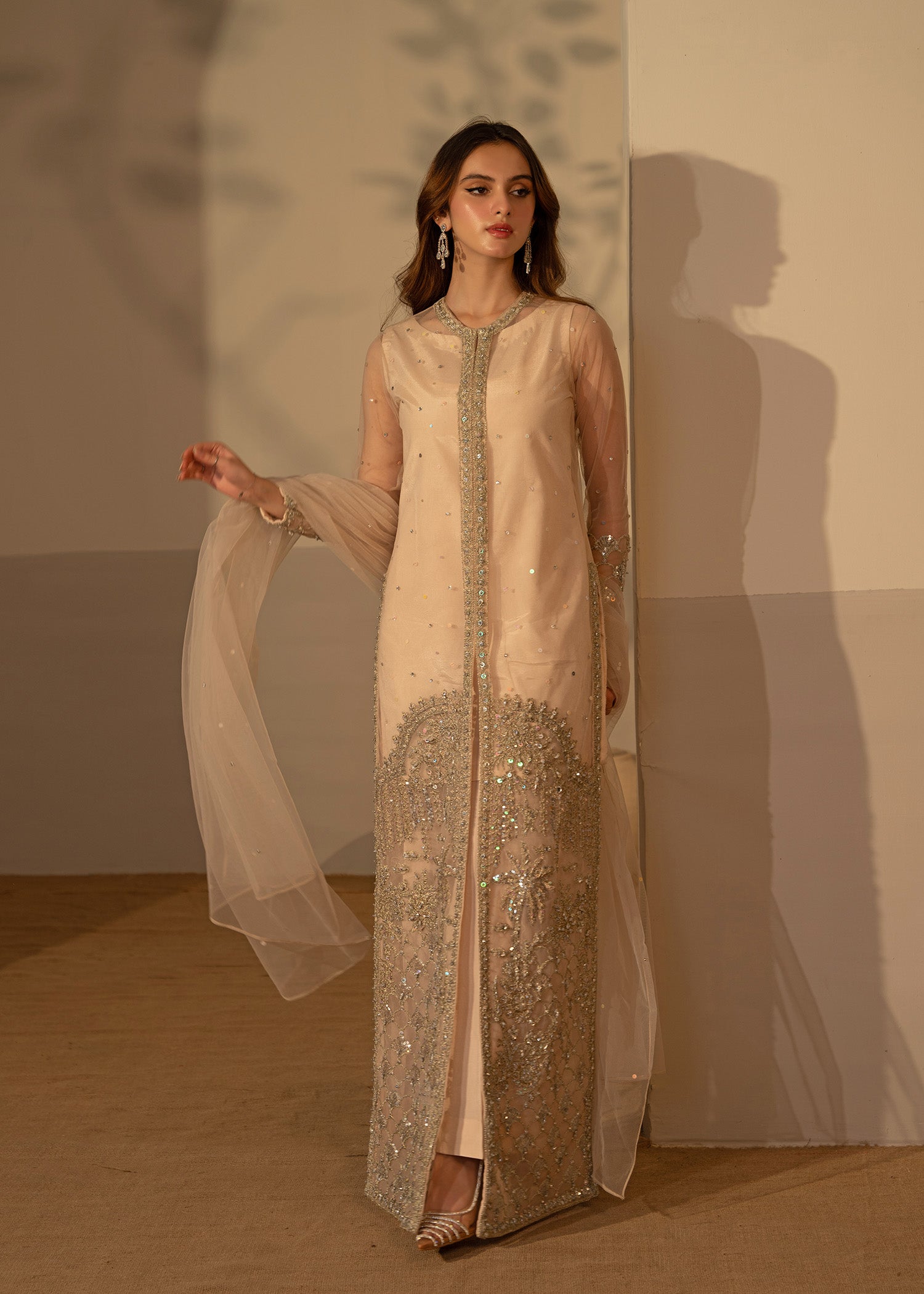 Fone White Embellished Net Long Gown (3-Piece) - Image 6